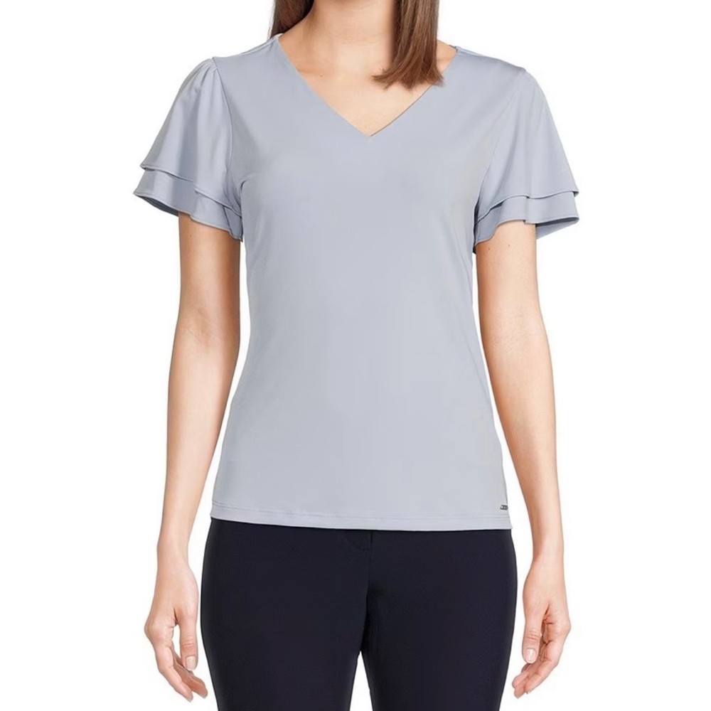 Calvin Klein V neck flutter sleeve blouse. Light blue, size L